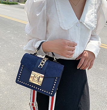 Stylish Twist Lock Chain Accent Studded Satchel