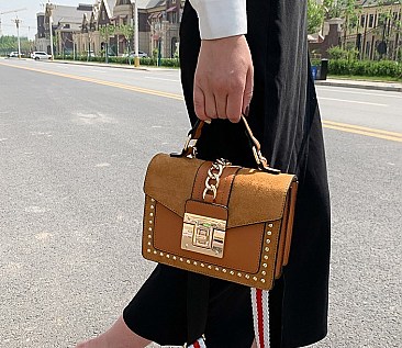 Stylish Twist Lock Chain Accent Studded Satchel