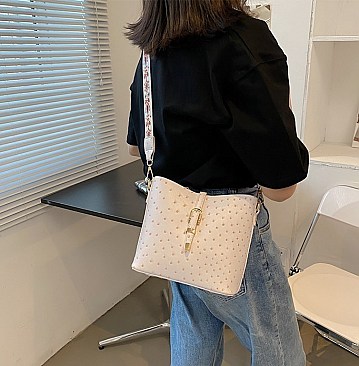 Fashion Ostrich Print Top Flap Buckle Lock Cross Body Satchel Bag