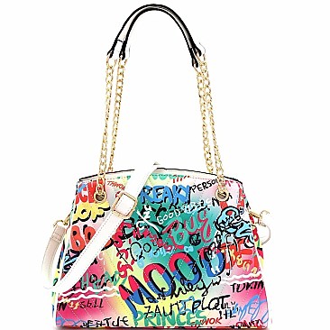 2-Way Graffiti Effect Chevron Quilted Tote Shoulder Bag