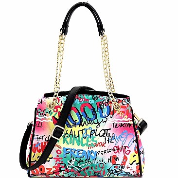 2-Way Graffiti Effect Chevron Quilted Tote Shoulder Bag