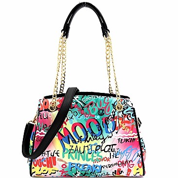 2-Way Graffiti Effect Chevron Quilted Tote Shoulder Bag
