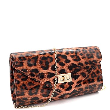 2-Way Leopard Print Patent Turn-Lock Clutch Shoulder Bag
