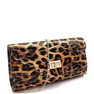 2-Way Leopard Print Patent Turn-Lock Clutch Shoulder Bag