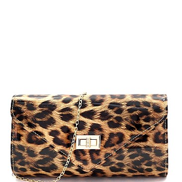 2-Way Leopard Print Patent Turn-Lock Clutch Shoulder Bag