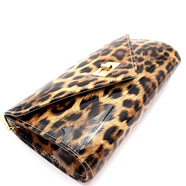 2-Way Leopard Print Patent Turn-Lock Clutch Shoulder Bag