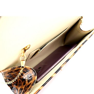 2-Way Leopard Print Patent Turn-Lock Clutch Shoulder Bag
