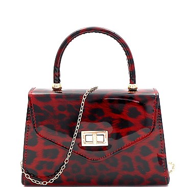 Medium 2-Way Leopard Print Patent Turn-Lock Satchel