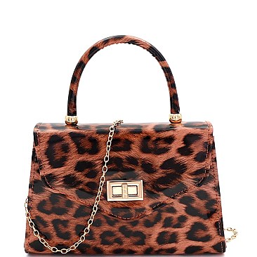 Medium 2-Way Leopard Print Patent Turn-Lock Satchel