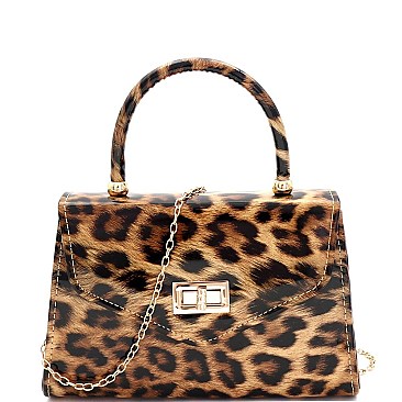 Medium 2-Way Leopard Print Patent Turn-Lock Satchel