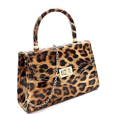 Medium 2-Way Leopard Print Patent Turn-Lock Satchel