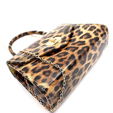 Medium 2-Way Leopard Print Patent Turn-Lock Satchel