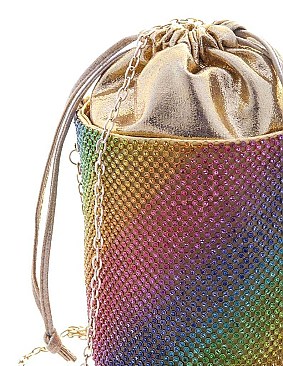 RAINBOW COLORED CYLINDER SHAPE RHINESTONE CROSSBODY BAG