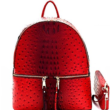 Ostrich Embossed Multi-Pocket Backpack Wallet SET MH-87942