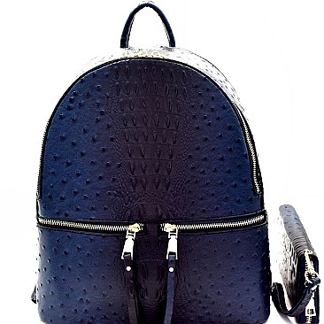 Ostrich Embossed Multi-Pocket Backpack Wallet SET MH-87942