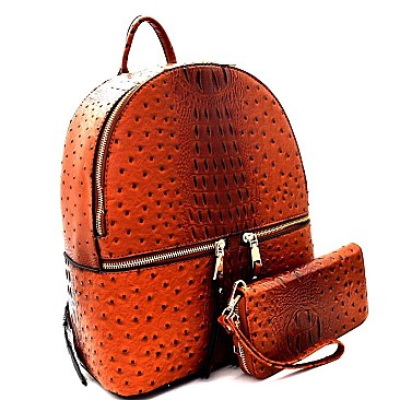 Ostrich Embossed Multi-Pocket Backpack Wallet SET MH-87942