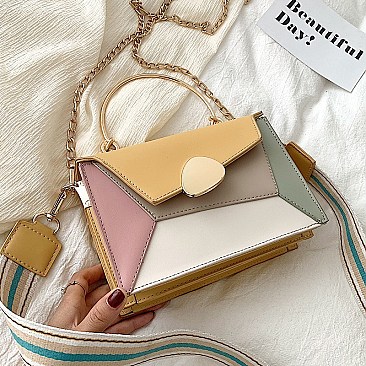 Metal Handle Color Block Satchel - Shoulder Bag