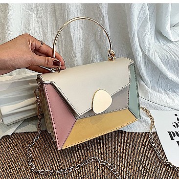 Metal Handle Color Block Satchel - Shoulder Bag