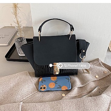 SUEDE SIDES CROC PRINT PUCH LOCK SATCHEL