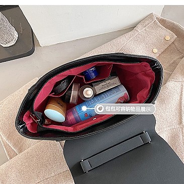 SUEDE SIDES CROC PRINT PUCH LOCK SATCHEL