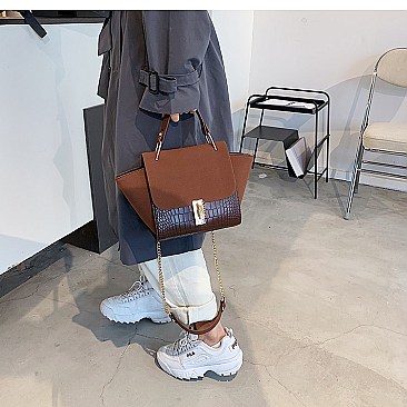 SUEDE SIDES CROC PRINT PUCH LOCK SATCHEL