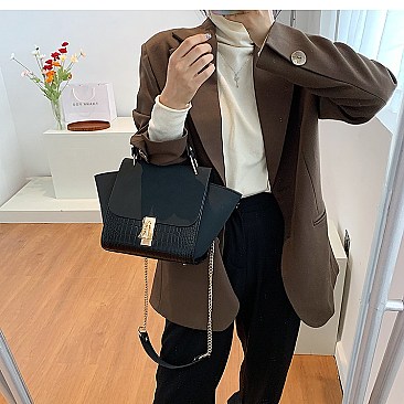 SUEDE SIDES CROC PRINT PUCH LOCK SATCHEL