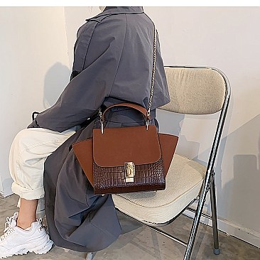 SUEDE SIDES CROC PRINT PUCH LOCK SATCHEL