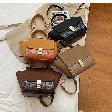 SUEDE SIDES CROC PRINT PUCH LOCK SATCHEL