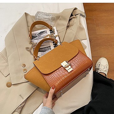 SUEDE SIDES CROC PRINT PUCH LOCK SATCHEL