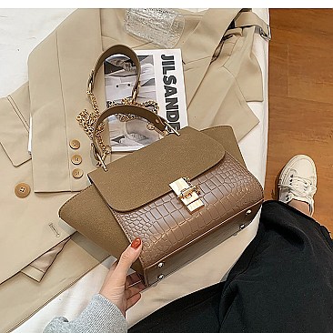 SUEDE SIDES CROC PRINT PUCH LOCK SATCHEL