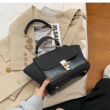 SUEDE SIDES CROC PRINT PUCH LOCK SATCHEL