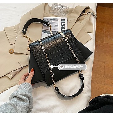 SUEDE SIDES CROC PRINT PUCH LOCK SATCHEL
