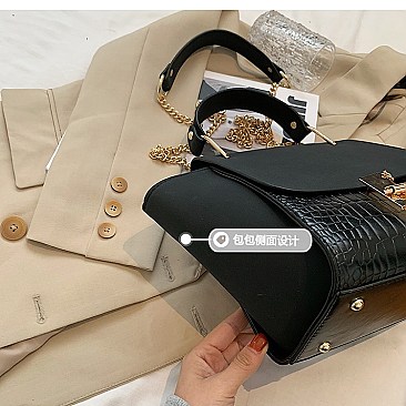 SUEDE SIDES CROC PRINT PUCH LOCK SATCHEL