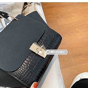 SUEDE SIDES CROC PRINT PUCH LOCK SATCHEL