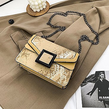 BUCKLED & CHAIN HANDLE SHOULDER SATCHEL BAG