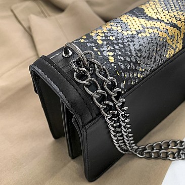 BUCKLED & CHAIN HANDLE SHOULDER SATCHEL BAG