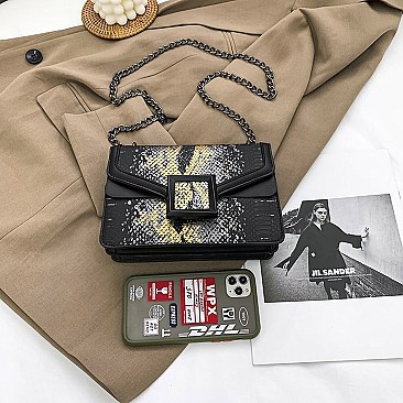 BUCKLED & CHAIN HANDLE SHOULDER SATCHEL BAG