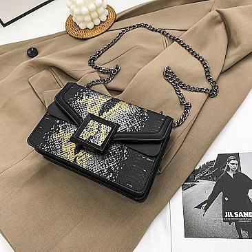 BUCKLED & CHAIN HANDLE SHOULDER SATCHEL BAG
