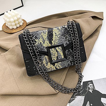 BUCKLED & CHAIN HANDLE SHOULDER SATCHEL BAG