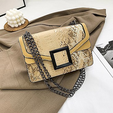 BUCKLED & CHAIN HANDLE SHOULDER SATCHEL BAG