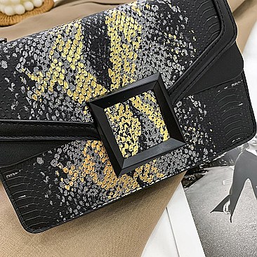 BUCKLED & CHAIN HANDLE SHOULDER SATCHEL BAG