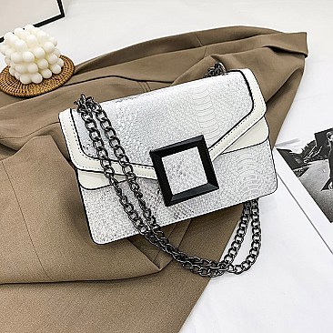 BUCKLED & CHAIN HANDLE SHOULDER SATCHEL BAG