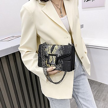 BUCKLED & CHAIN HANDLE SHOULDER SATCHEL BAG