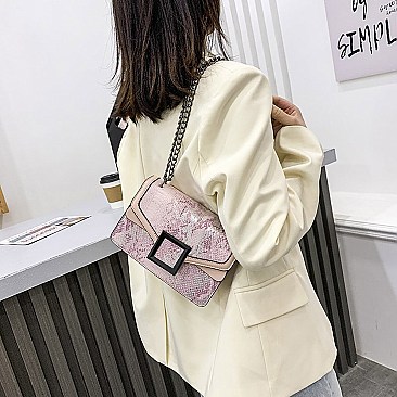 BUCKLED & CHAIN HANDLE SHOULDER SATCHEL BAG
