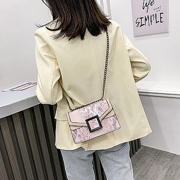 BUCKLED & CHAIN HANDLE SHOULDER SATCHEL BAG