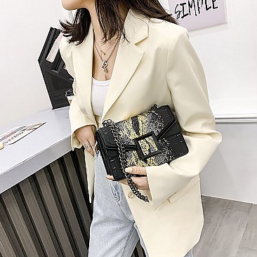 BUCKLED & CHAIN HANDLE SHOULDER SATCHEL BAG