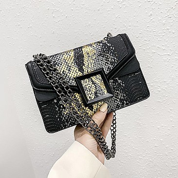 BUCKLED & CHAIN HANDLE SHOULDER SATCHEL BAG