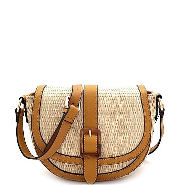 Buckle Saddle Woven Straw Mixed-Material Shoulder Bag