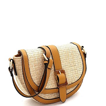 Buckle Saddle Woven Straw Mixed-Material Shoulder Bag
