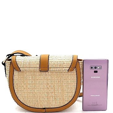 Buckle Saddle Woven Straw Mixed-Material Shoulder Bag